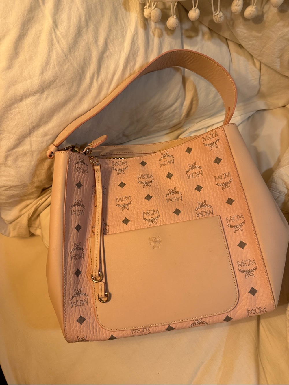 MCM Blush Pink Monogram Shoulder or cross body Bag with matching zipper wallet